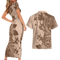 Polynesia Couples Matching Short Sleeve Bodycon Dress and Hawaiian Shirt Hibiscus and Hawaiian Tribal Tattoo Retro Style Pink Pastel LT9 - Polynesian Pride