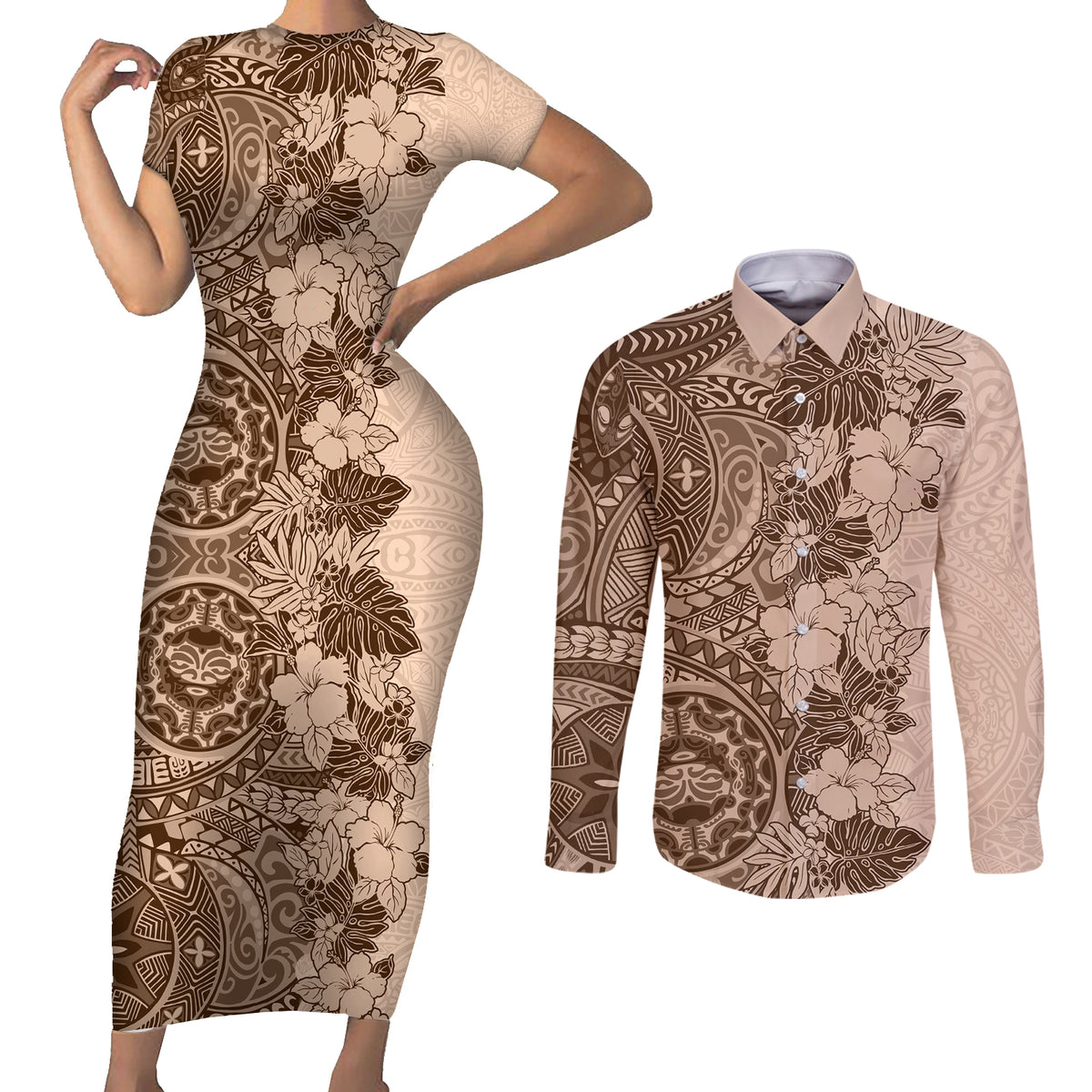 Polynesia Couples Matching Short Sleeve Bodycon Dress and Long Sleeve Button Shirt Hibiscus and Hawaiian Tribal Tattoo Retro Style Pink Pastel LT9 Pink Pastel - Polynesian Pride