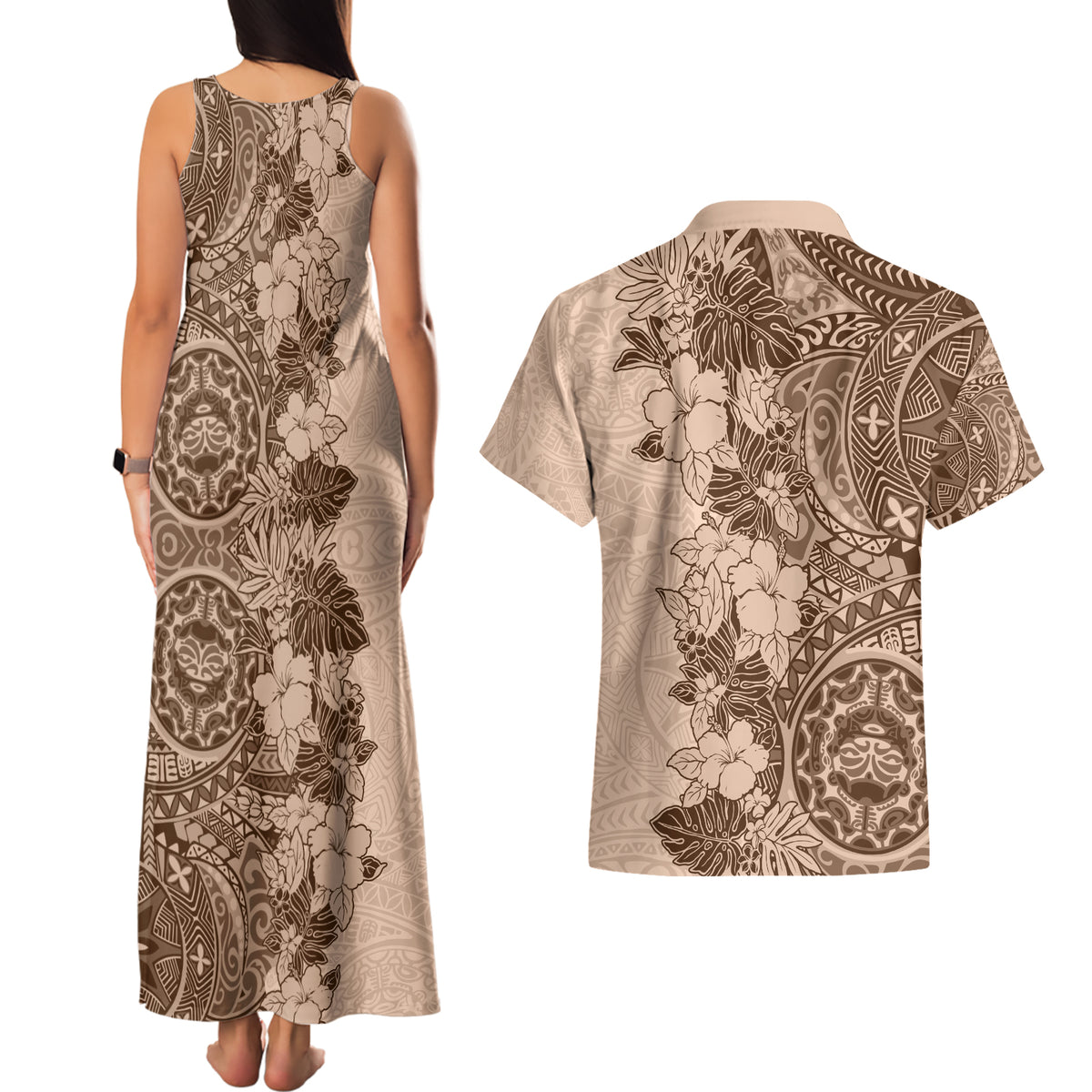 Polynesia Couples Matching Tank Maxi Dress and Hawaiian Shirt Hibiscus and Hawaiian Tribal Tattoo Retro Style Pink Pastel LT9 - Polynesian Pride