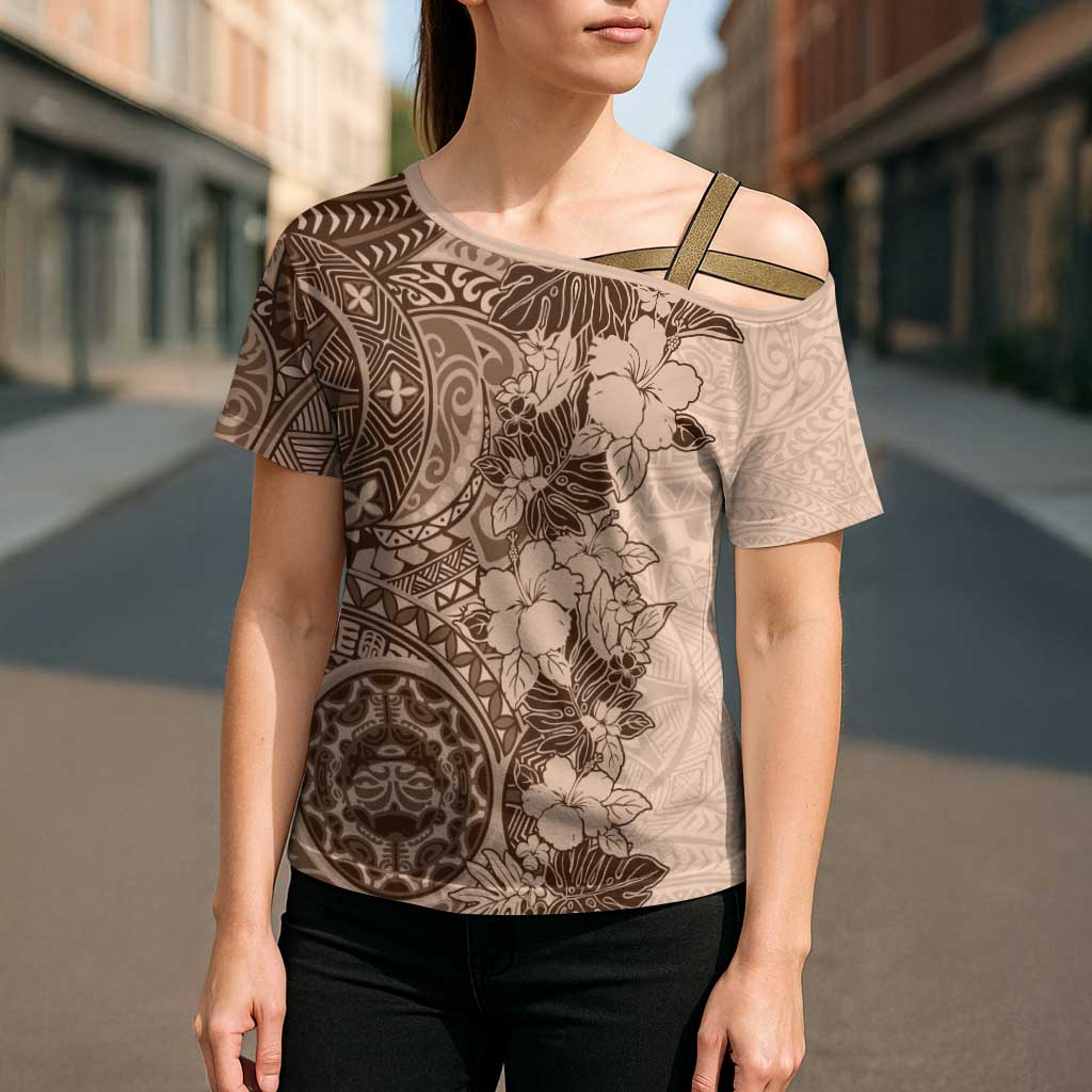 Polynesia Cross Shoulder Shirt Hibiscus Hawaiian Tribal Tattoo Retro Pink Pastel - Polynesian Pride