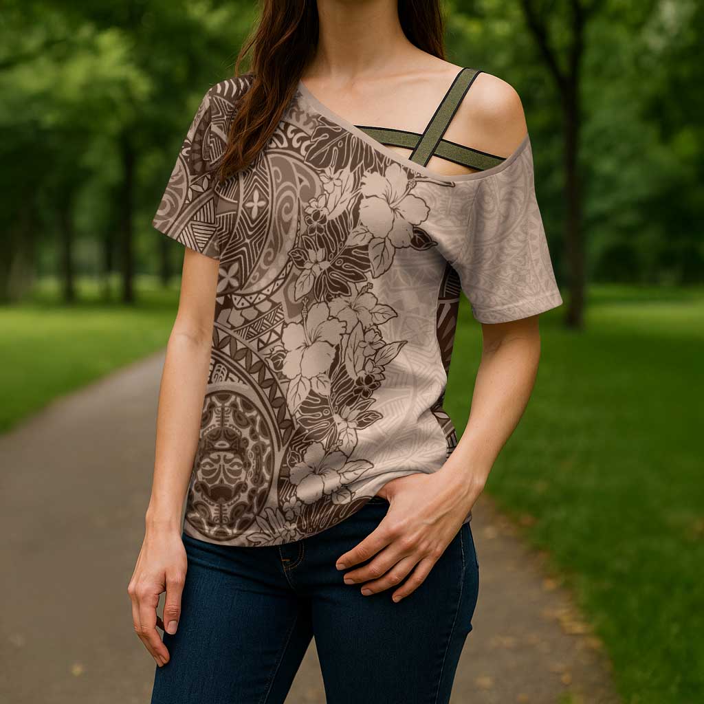 Polynesia Cross Shoulder Shirt Hibiscus Hawaiian Tribal Tattoo Retro Pink Pastel - Polynesian Pride