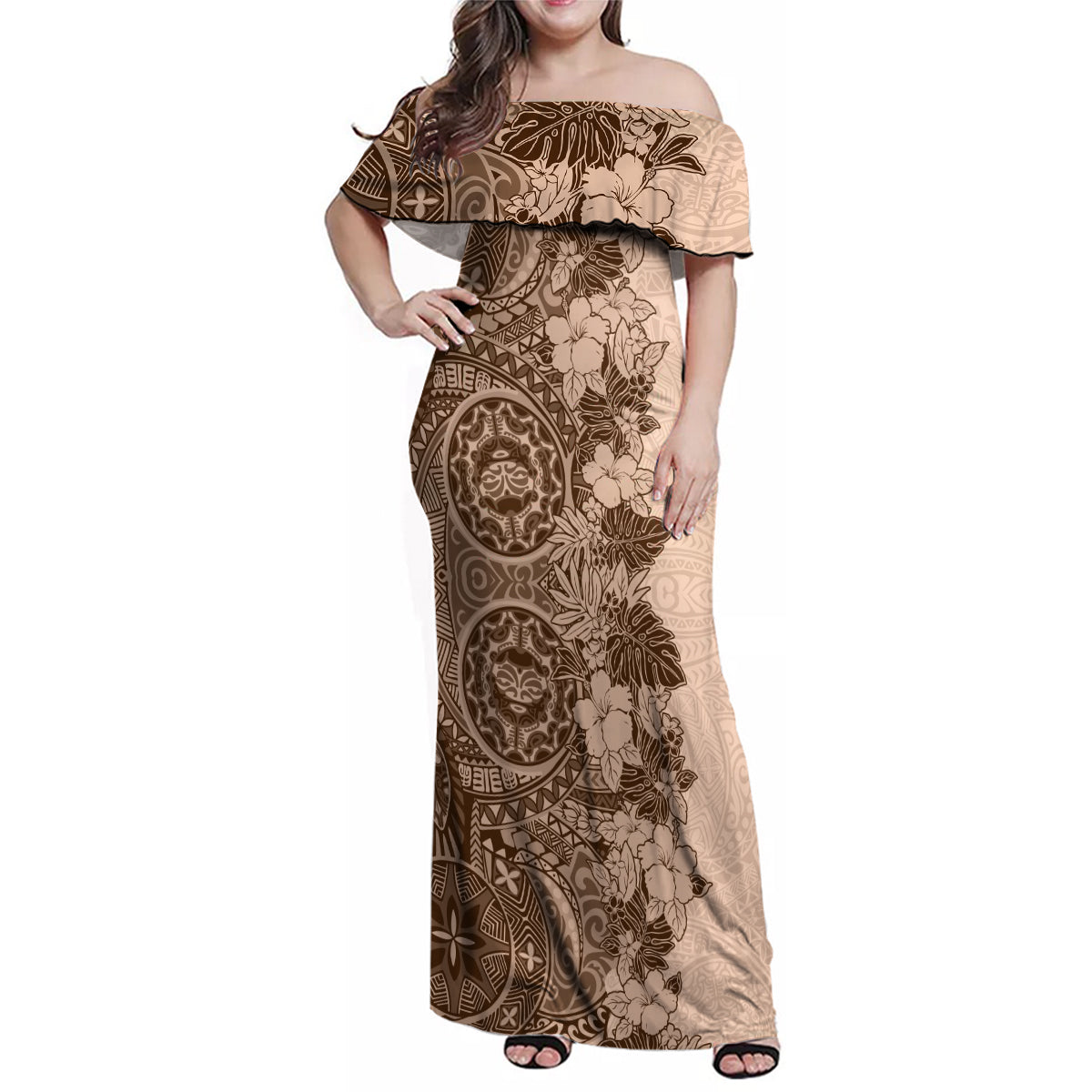 Polynesia Family Matching Off Shoulder Maxi Dress and Hawaiian Shirt Hibiscus and Hawaiian Tribal Tattoo Retro Style Pink Pastel LT9 Mom's Dress Pink Pastel - Polynesian Pride