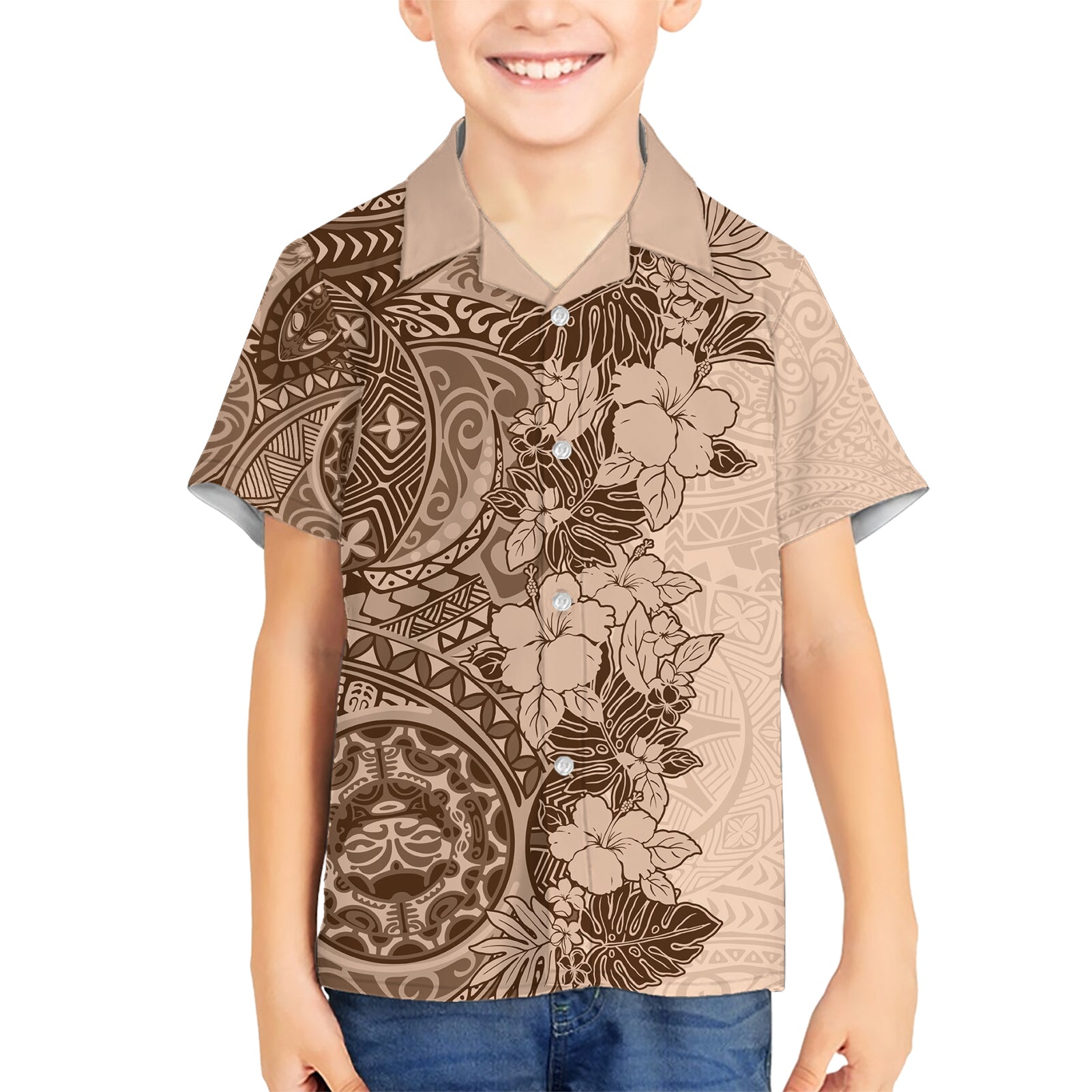 Polynesia Kid Hawaiian Shirt Hibiscus and Hawaiian Tribal Tattoo Retro Style Pink Pastel LT9 Kid Pink Pastel - Polynesian Pride