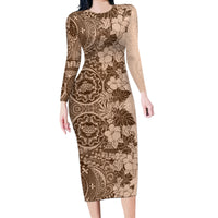 Polynesia Long Sleeve Bodycon Dress Hibiscus and Hawaiian Tribal Tattoo Retro Style Pink Pastel LT9 Long Dress Pink Pastel - Polynesian Pride