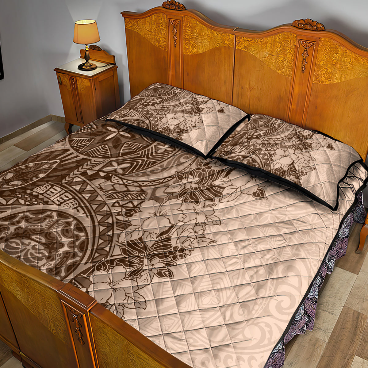 Polynesia Quilt Bed Set Hibiscus and Hawaiian Tribal Tattoo Retro Style Pink Pastel LT9 - Polynesian Pride