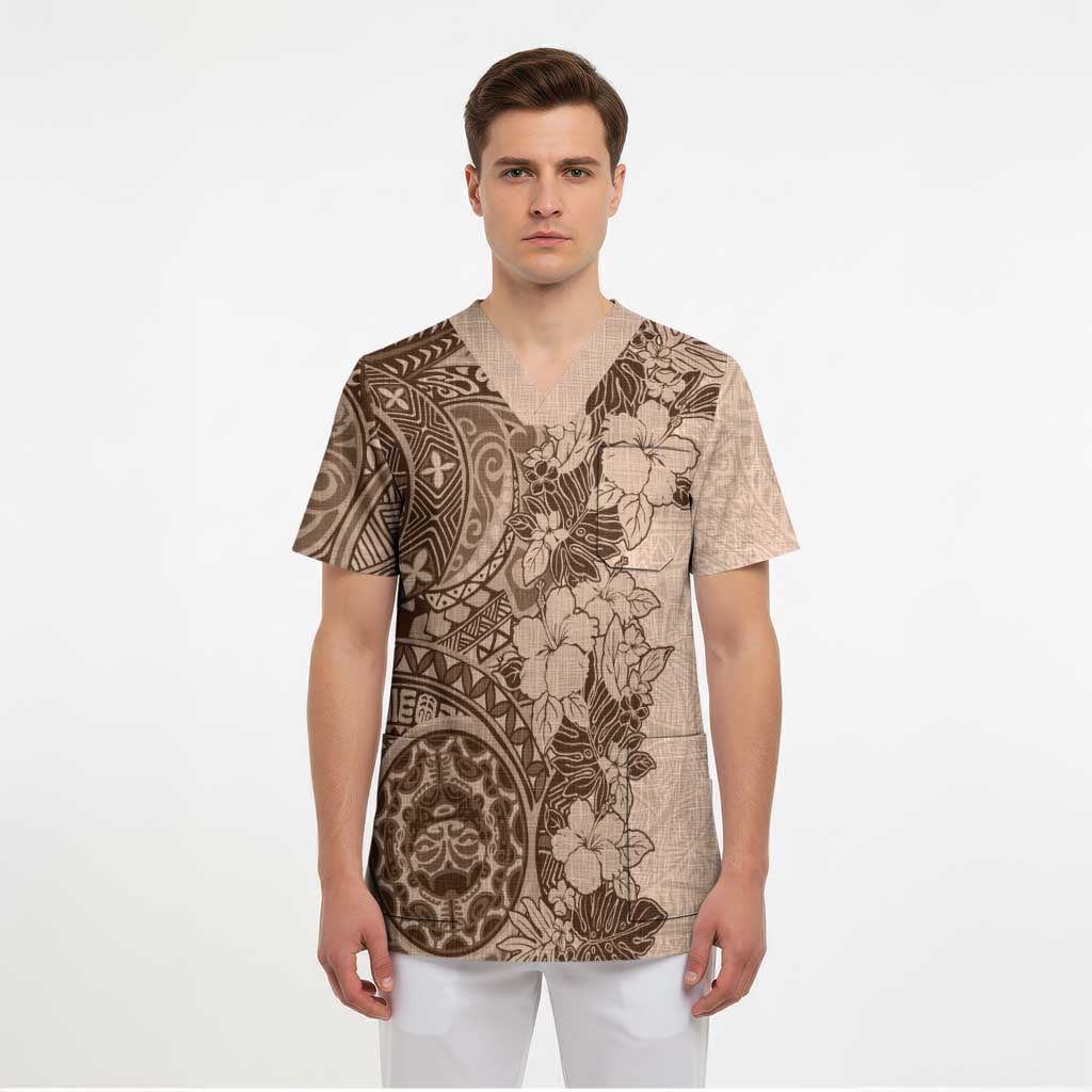 Polynesia Scrub Top Hibiscus Hawaiian Tribal Tattoo Retro Pink Pastel - Polynesian Pride