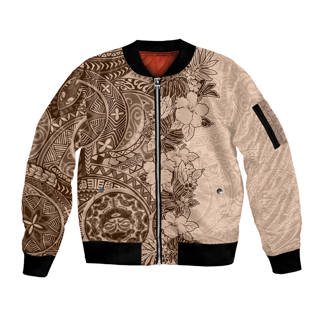 Polynesia Sleeve Zip Bomber Jacket Hibiscus and Hawaiian Tribal Tattoo Retro Style Pink Pastel LT9 Unisex Pink Pastel - Polynesian Pride