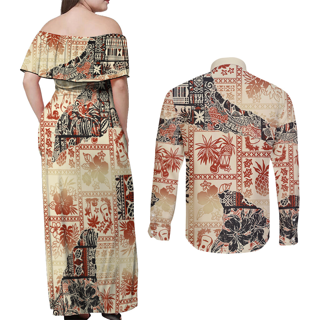 Hawaii Couples Matching Off Shoulder Maxi Dress and Long Sleeve Button Shirt Aloha Tribal Pattern Beige Version LT9 - Polynesian Pride