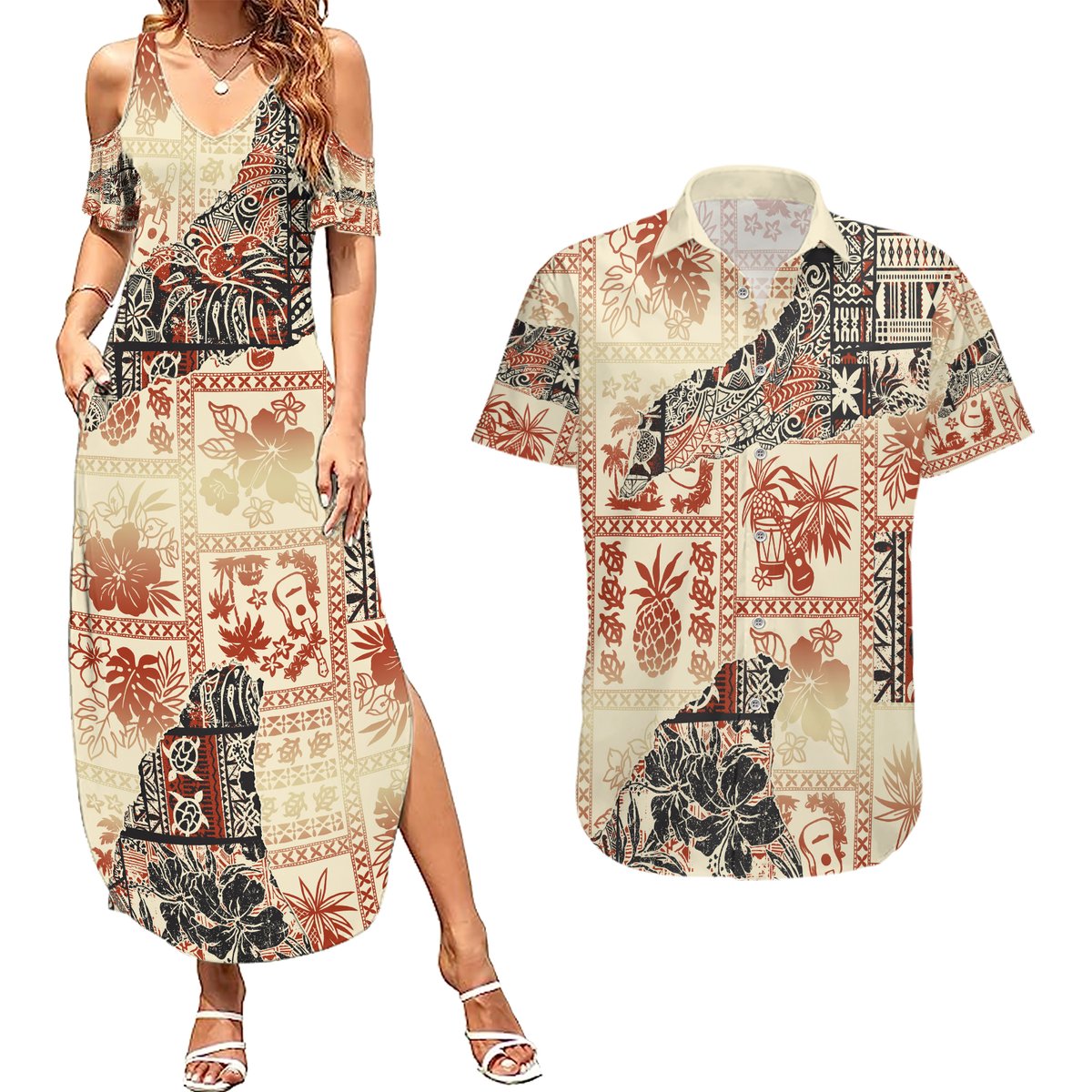 Hawaii Couples Matching Summer Maxi Dress and Hawaiian Shirt Aloha Tribal Pattern Beige Version LT9 Beige - Polynesian Pride