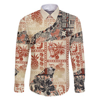 Hawaii Family Matching Short Sleeve Bodycon Dress and Hawaiian Shirt Aloha Tribal Pattern Beige Version LT9 Dad's Shirt - Long Sleeve Beige - Polynesian Pride