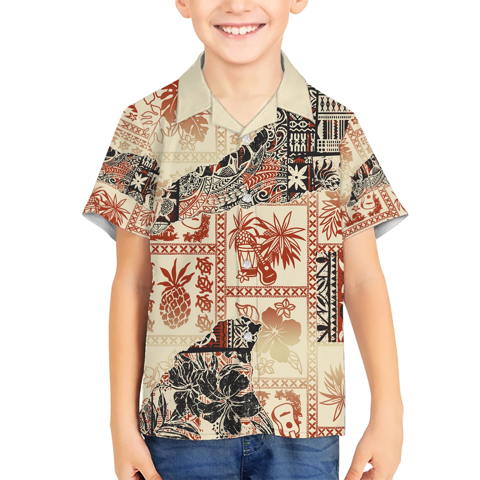 Hawaii Kid Hawaiian Shirt Aloha Tribal Pattern Beige Version LT9 Kid Beige - Polynesian Pride