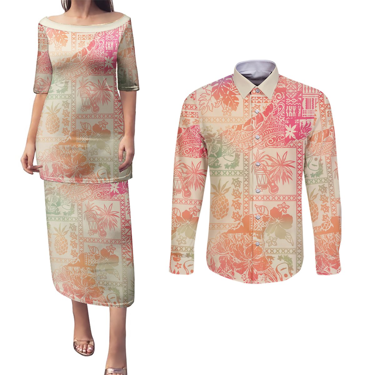 Hawaii Couples Matching Puletasi Dress and Long Sleeve Button Shirt Aloha Tribal Pattern Sweat Pink Ombre LT9 Pink - Polynesian Pride