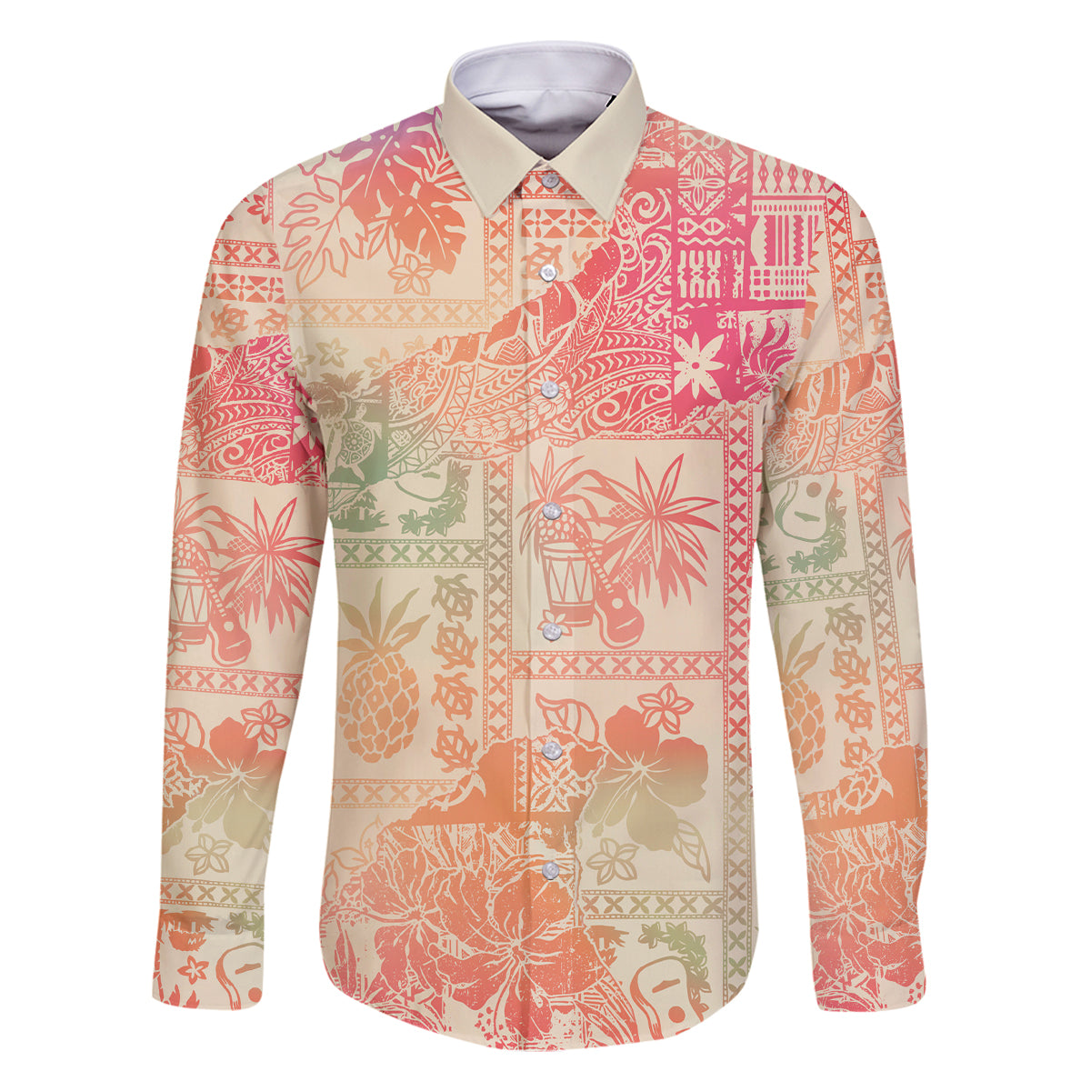 Hawaii Family Matching Summer Maxi Dress and Hawaiian Shirt Aloha Tribal Pattern Sweat Pink Ombre LT9 Dad's Shirt - Long Sleeve Pink - Polynesian Pride