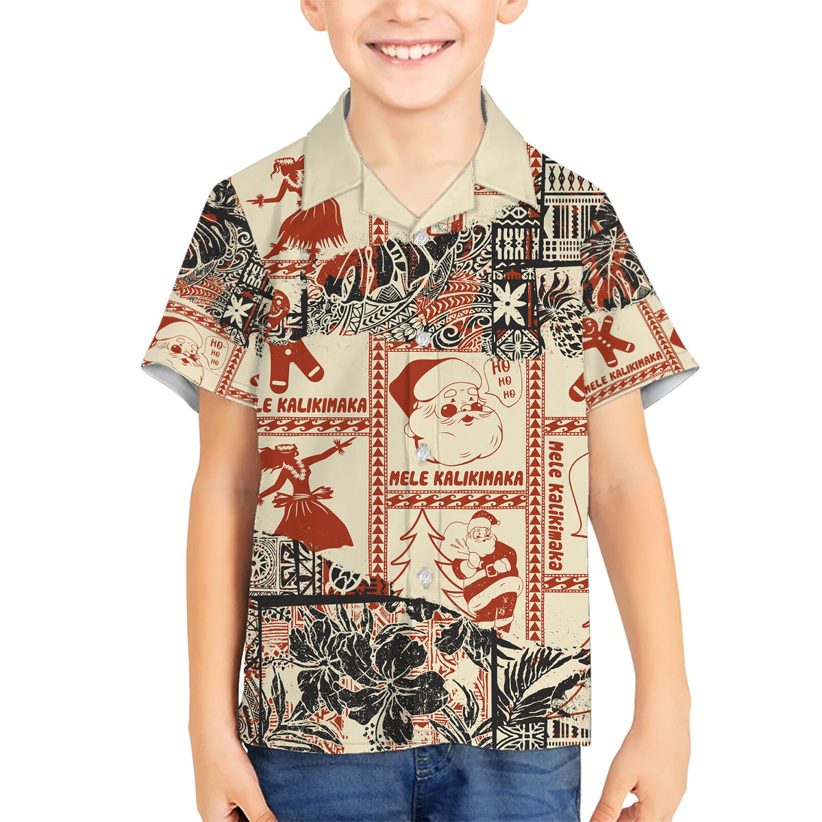 Aloha Hawaii Christmas Family Matching Short Sleeve Bodycon Dress and Hawaiian Shirt Mele Kalikimaka Tapa Tribal Retro Style LT9 Son's Shirt Beige - Polynesian Pride