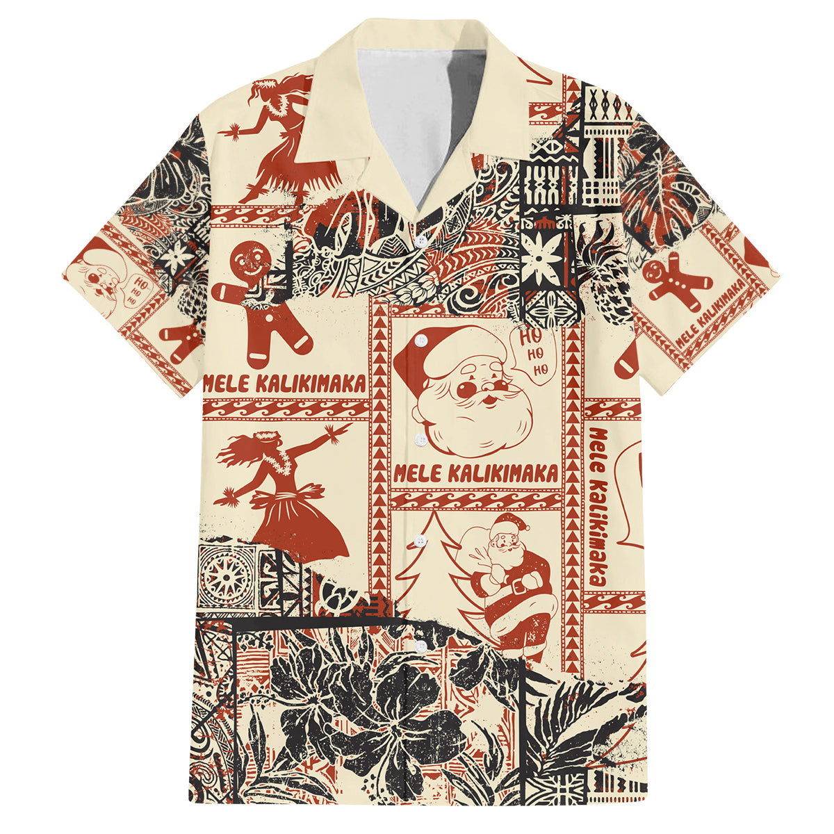 Aloha Hawaii Christmas Family Matching Tank Maxi Dress and Hawaiian Shirt Mele Kalikimaka Tapa Tribal Retro Style LT9 Dad's Shirt - Short Sleeve Beige - Polynesian Pride