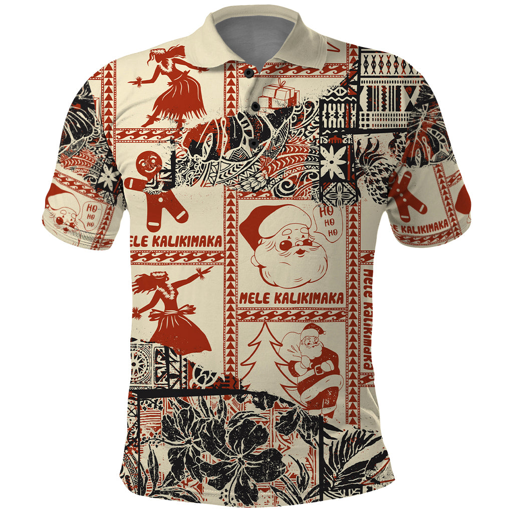 Aloha Hawaii Christmas Polo Shirt Mele Kalikimaka Tapa Tribal Retro Style LT9 Beige - Polynesian Pride
