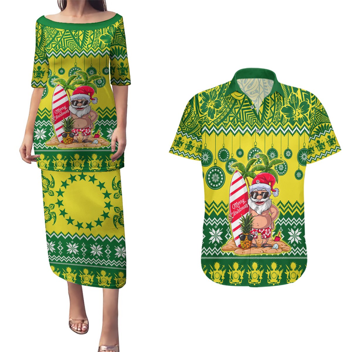 Cook Islands Christmas Couples Matching Puletasi Dress and Hawaiian Shirt Santa Beach Meri Kiritimiti LT9 Green - Polynesian Pride