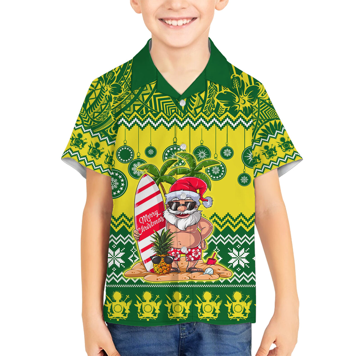 Cook Islands Christmas Family Matching Off Shoulder Maxi Dress and Hawaiian Shirt Santa Beach Meri Kiritimiti LT9 Son's Shirt Green - Polynesian Pride