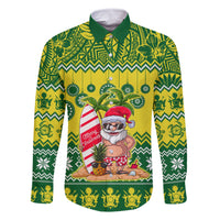 Personalised Cook Islands Christmas Family Matching Off Shoulder Long Sleeve Dress and Hawaiian Shirt Santa Beach Meri Kiritimiti LT9 Dad's Shirt - Long Sleeve Green - Polynesian Pride