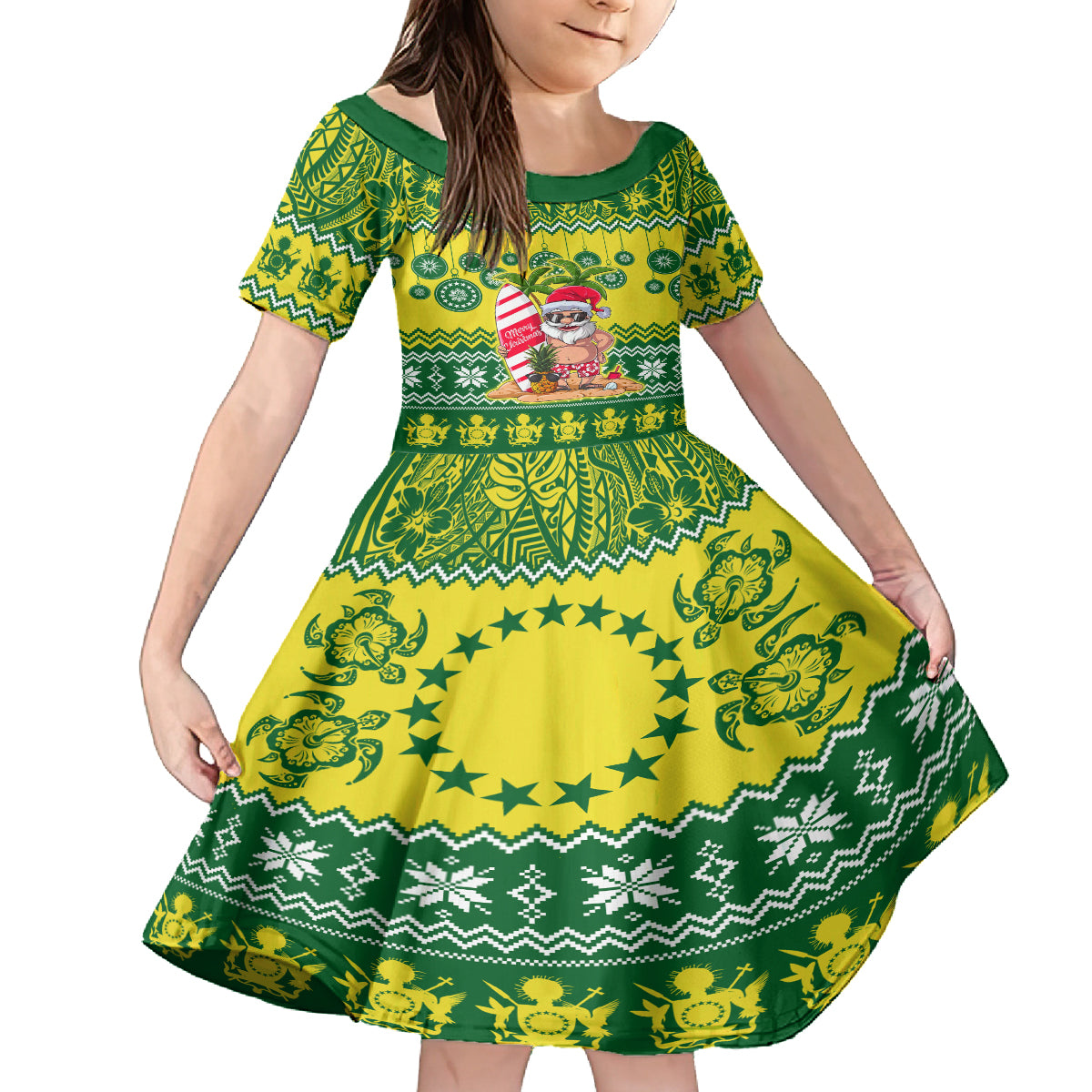 Personalised Cook Islands Christmas Family Matching Tank Maxi Dress and Hawaiian Shirt Santa Beach Meri Kiritimiti LT9 Daughter's Dress Green - Polynesian Pride