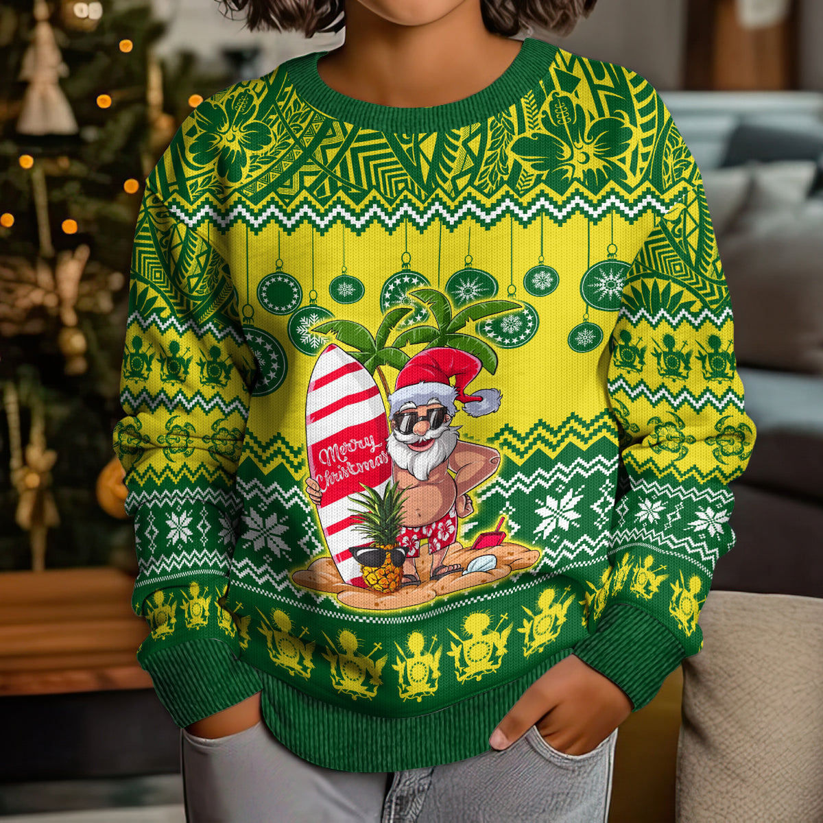 Personalised Cook Islands Christmas Kid Ugly Christmas Sweater Santa Beach Meri Kiritimiti LT9 - Polynesian Pride