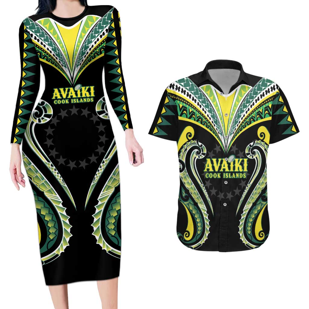 Custom Rugby Cook Islands Avaiki Couples Matching Long Sleeve Bodycon Dress and Hawaiian Shirt Black Kuki Airani Tribal Maori Inspired LT9 Black - Polynesian Pride