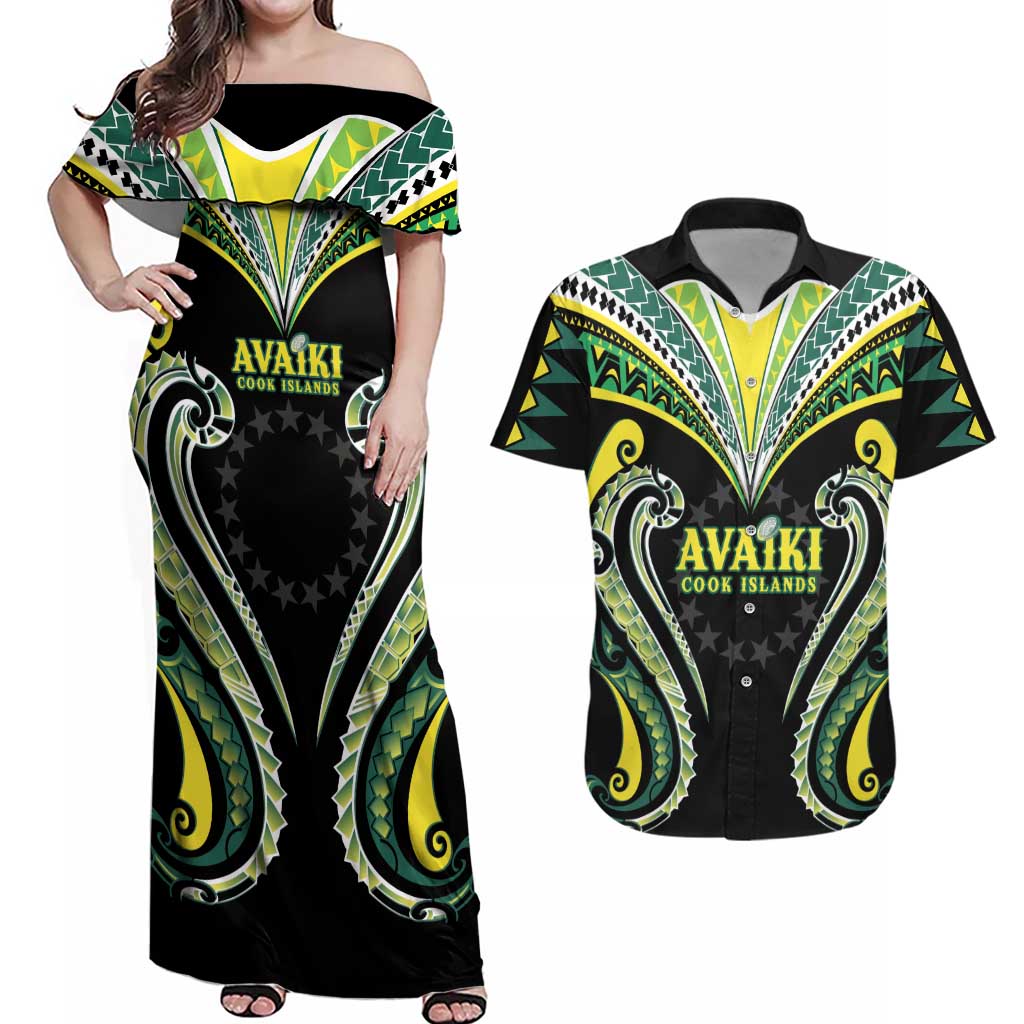 Custom Rugby Cook Islands Avaiki Couples Matching Off Shoulder Maxi Dress and Hawaiian Shirt Black Kuki Airani Tribal Maori Inspired LT9 Black - Polynesian Pride