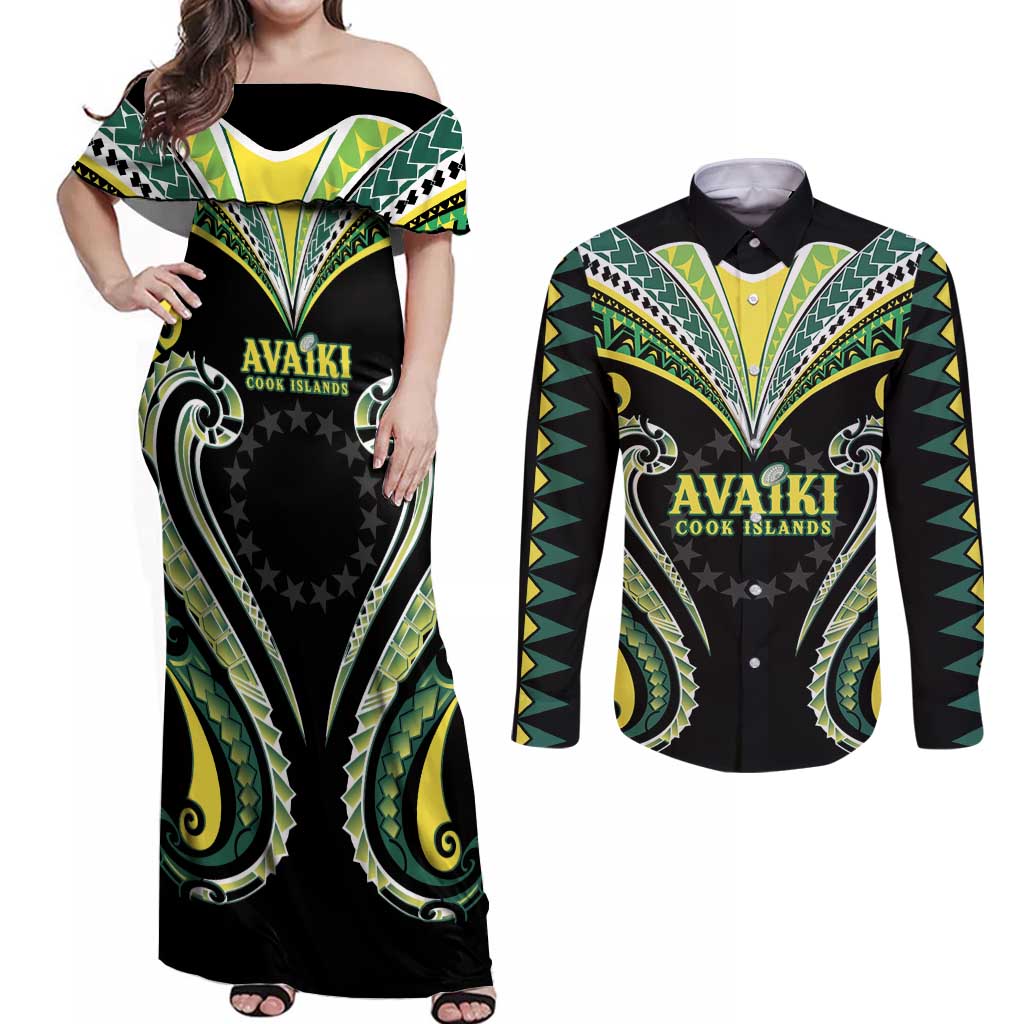 Custom Rugby Cook Islands Avaiki Couples Matching Off Shoulder Maxi Dress and Long Sleeve Button Shirt Black Kuki Airani Tribal Maori Inspired LT9 Black - Polynesian Pride