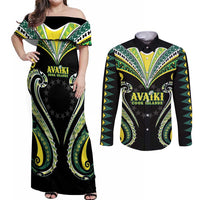 Custom Rugby Cook Islands Avaiki Couples Matching Off Shoulder Maxi Dress and Long Sleeve Button Shirt Black Kuki Airani Tribal Maori Inspired LT9 Black - Polynesian Pride