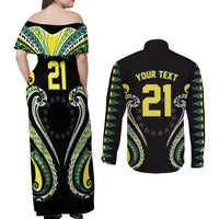 Custom Rugby Cook Islands Avaiki Couples Matching Off Shoulder Maxi Dress and Long Sleeve Button Shirt Black Kuki Airani Tribal Maori Inspired LT9 - Polynesian Pride