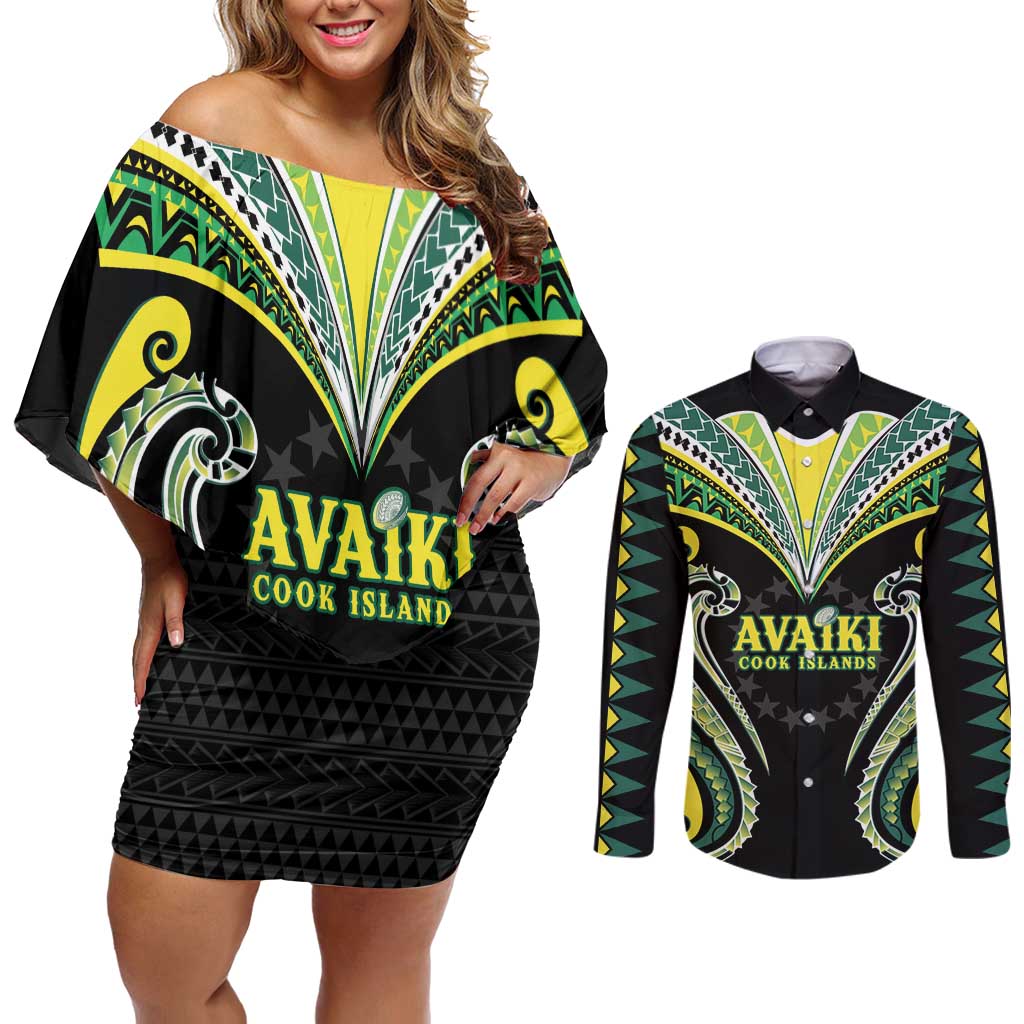 Custom Rugby Cook Islands Avaiki Couples Matching Off Shoulder Short Dress and Long Sleeve Button Shirt Black Kuki Airani Tribal Maori Inspired LT9 Black - Polynesian Pride