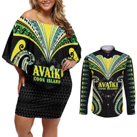 Custom Rugby Cook Islands Avaiki Couples Matching Off Shoulder Short Dress and Long Sleeve Button Shirt Black Kuki Airani Tribal Maori Inspired LT9 Black - Polynesian Pride