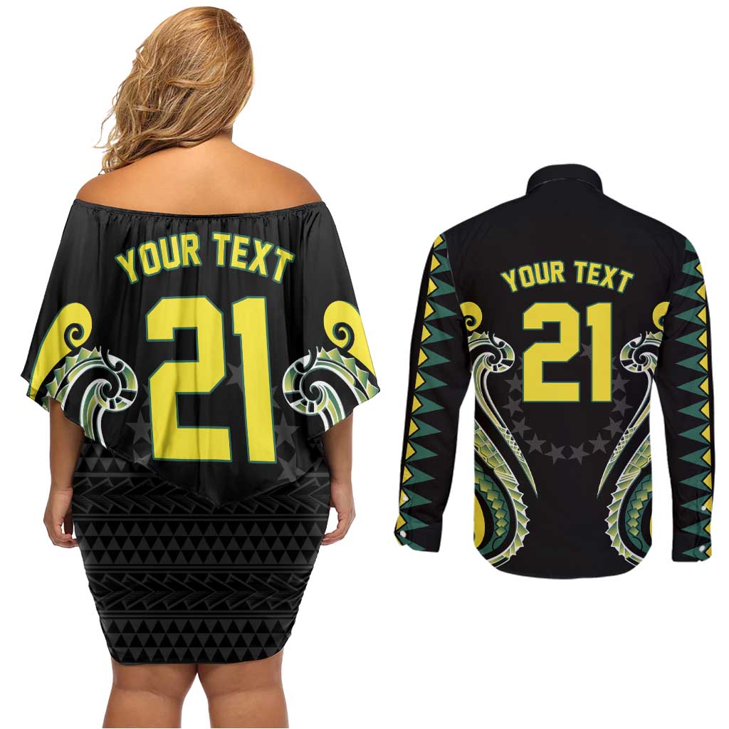Custom Rugby Cook Islands Avaiki Couples Matching Off Shoulder Short Dress and Long Sleeve Button Shirt Black Kuki Airani Tribal Maori Inspired LT9 - Polynesian Pride