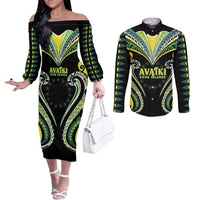 Custom Rugby Cook Islands Avaiki Couples Matching Off The Shoulder Long Sleeve Dress and Long Sleeve Button Shirt Black Kuki Airani Tribal Maori Inspired LT9 Black - Polynesian Pride