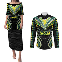 Custom Rugby Cook Islands Avaiki Couples Matching Puletasi and Long Sleeve Button Shirt Black Kuki Airani Tribal Maori Inspired LT9 Black - Polynesian Pride