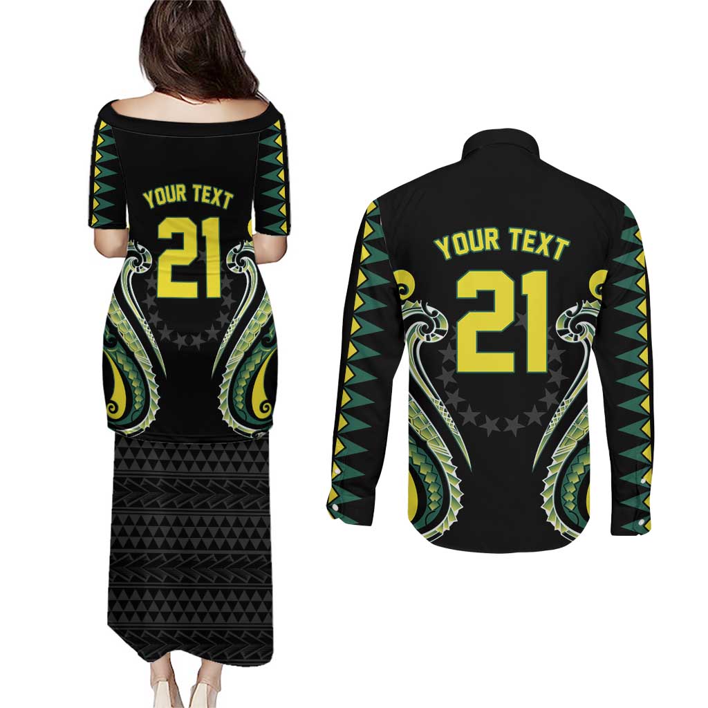 Custom Rugby Cook Islands Avaiki Couples Matching Puletasi and Long Sleeve Button Shirt Black Kuki Airani Tribal Maori Inspired LT9 - Polynesian Pride