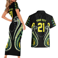 Custom Rugby Cook Islands Avaiki Couples Matching Short Sleeve Bodycon Dress and Hawaiian Shirt Black Kuki Airani Tribal Maori Inspired LT9 - Polynesian Pride