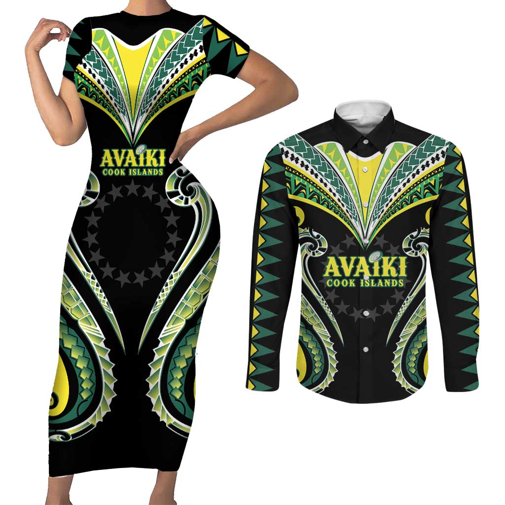 Custom Rugby Cook Islands Avaiki Couples Matching Short Sleeve Bodycon Dress and Long Sleeve Button Shirt Black Kuki Airani Tribal Maori Inspired LT9 Black - Polynesian Pride