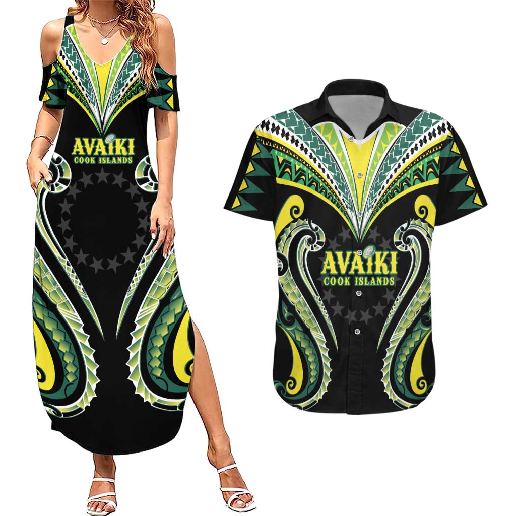 Custom Rugby Cook Islands Avaiki Couples Matching Summer Maxi Dress and Hawaiian Shirt Black Kuki Airani Tribal Maori Inspired LT9 Black - Polynesian Pride