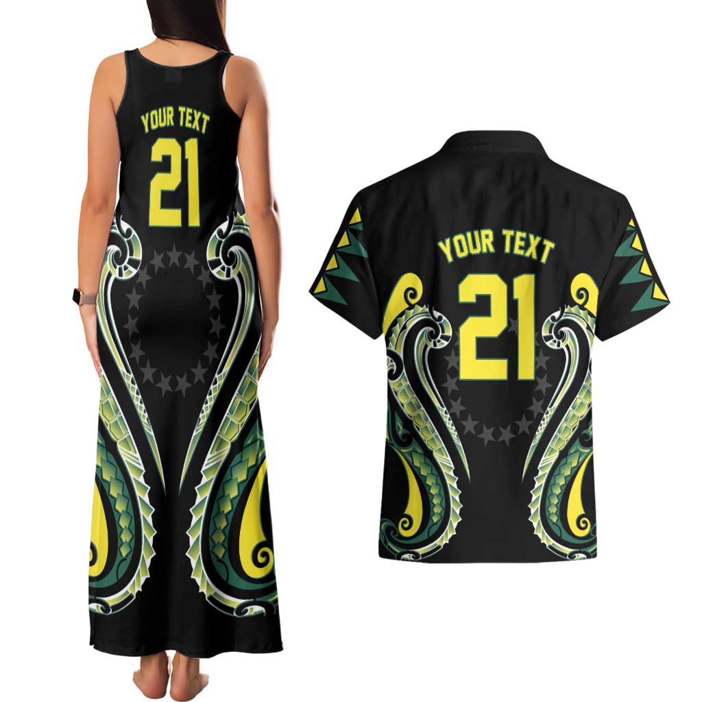 Custom Rugby Cook Islands Avaiki Couples Matching Tank Maxi Dress and Hawaiian Shirt Black Kuki Airani Tribal Maori Inspired LT9 - Polynesian Pride