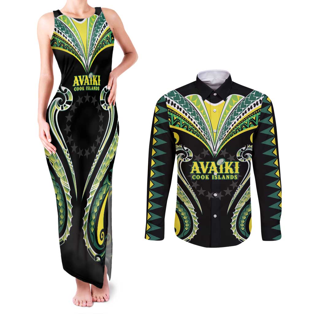 Custom Rugby Cook Islands Avaiki Couples Matching Tank Maxi Dress and Long Sleeve Button Shirt Black Kuki Airani Tribal Maori Inspired LT9 Black - Polynesian Pride