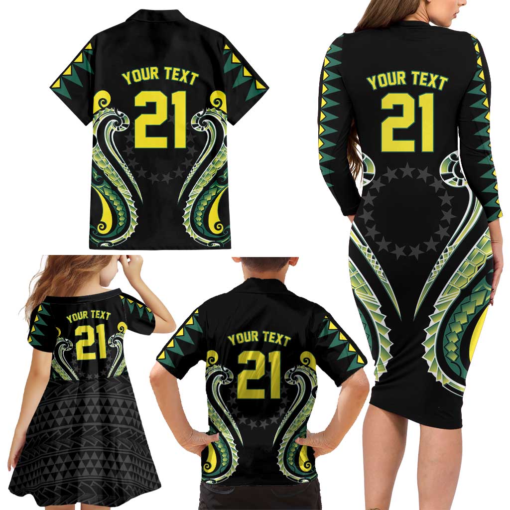 Custom Rugby Cook Islands Avaiki Family Matching Long Sleeve Bodycon Dress and Hawaiian Shirt Black Kuki Airani Tribal Maori Inspired LT9 - Polynesian Pride