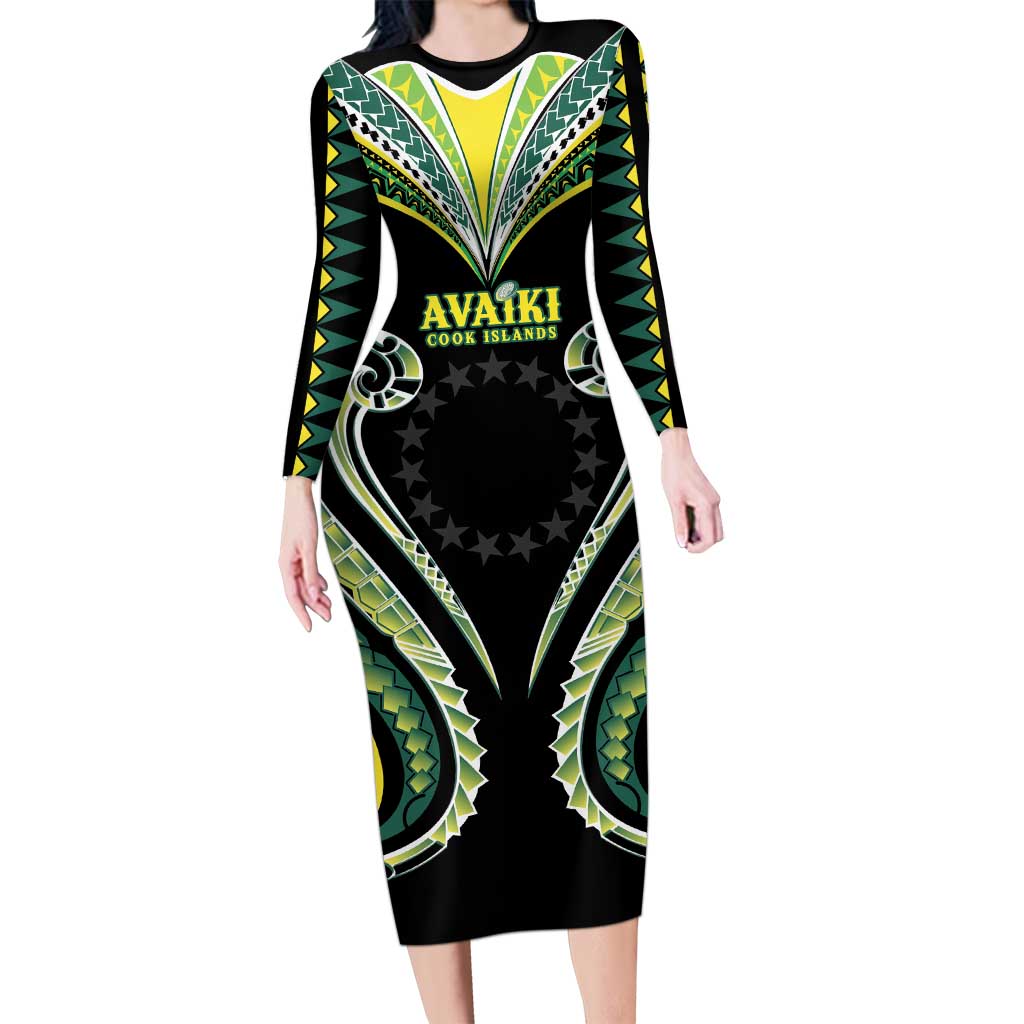 Custom Rugby Cook Islands Avaiki Family Matching Long Sleeve Bodycon Dress and Hawaiian Shirt Black Kuki Airani Tribal Maori Inspired LT9 Mom's Dress Black - Polynesian Pride