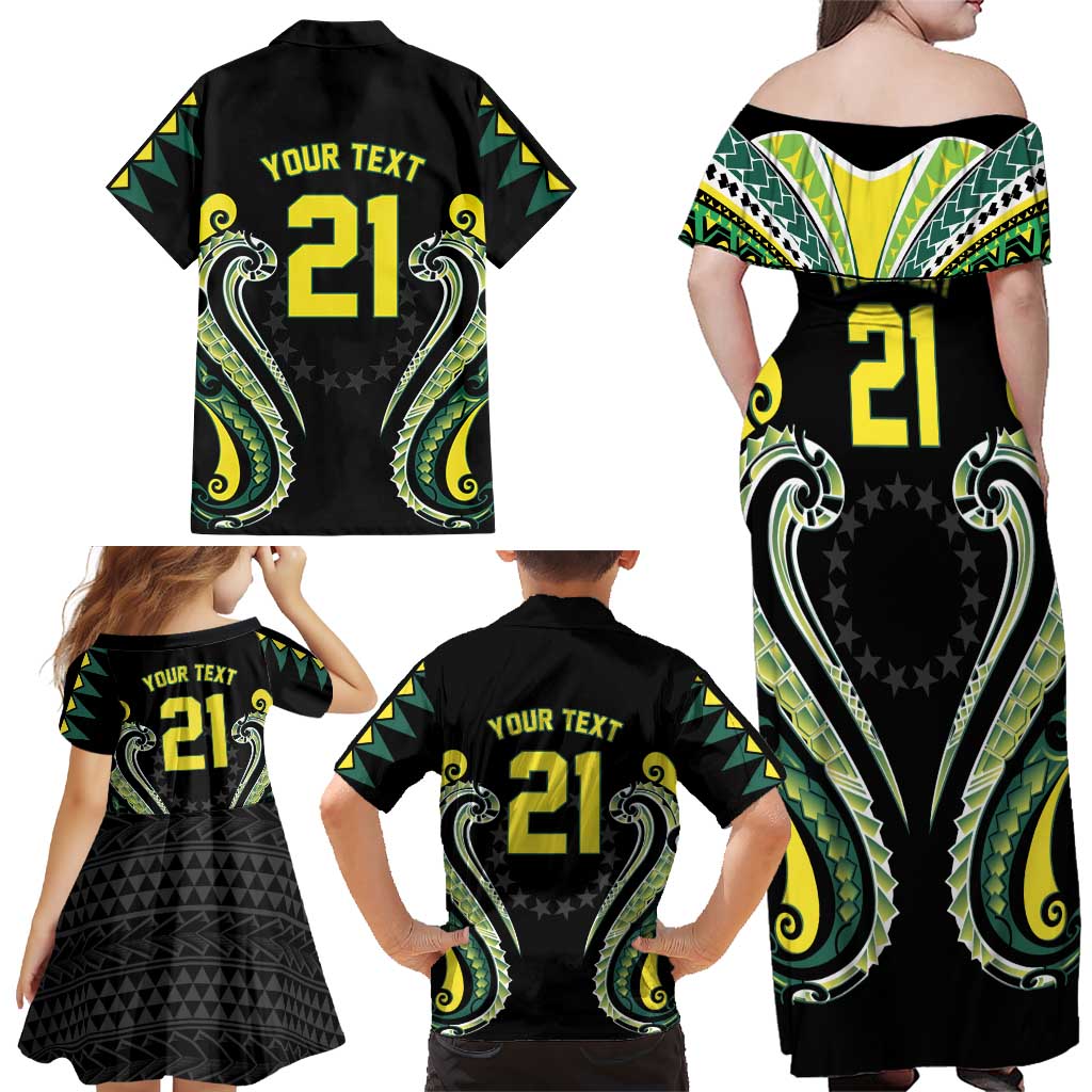 Custom Rugby Cook Islands Avaiki Family Matching Off Shoulder Maxi Dress and Hawaiian Shirt Black Kuki Airani Tribal Maori Inspired LT9 - Polynesian Pride