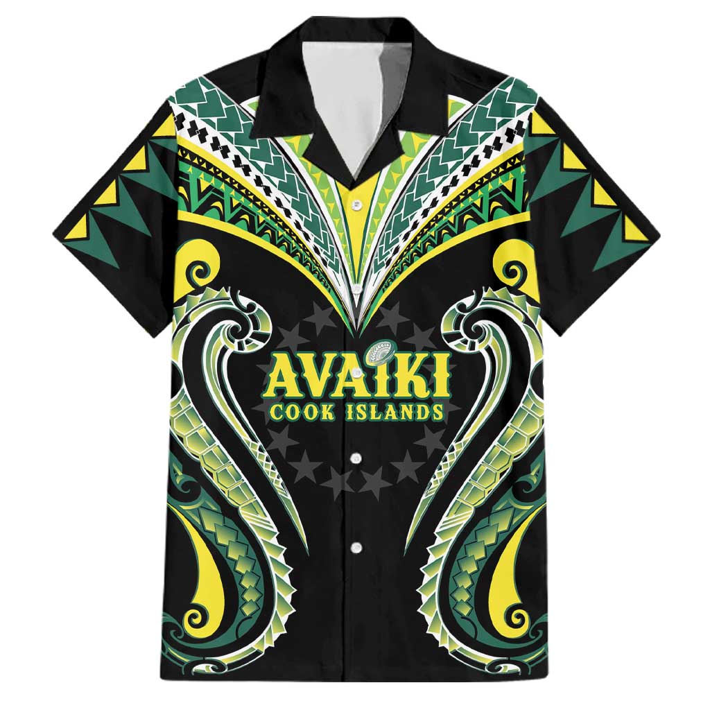 Custom Rugby Cook Islands Avaiki Family Matching Off Shoulder Maxi Dress and Hawaiian Shirt Black Kuki Airani Tribal Maori Inspired LT9 Dad's Shirt - Short Sleeve Black - Polynesian Pride