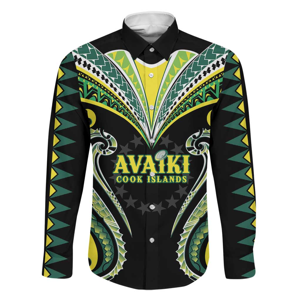 Custom Rugby Cook Islands Avaiki Family Matching Off Shoulder Maxi Dress and Hawaiian Shirt Black Kuki Airani Tribal Maori Inspired LT9 Dad's Shirt - Long Sleeve Black - Polynesian Pride