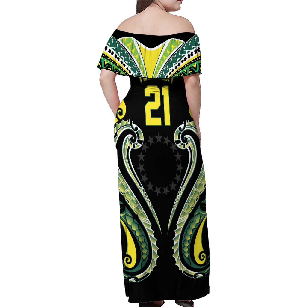 Custom Rugby Cook Islands Avaiki Family Matching Off Shoulder Maxi Dress and Hawaiian Shirt Black Kuki Airani Tribal Maori Inspired LT9 - Polynesian Pride