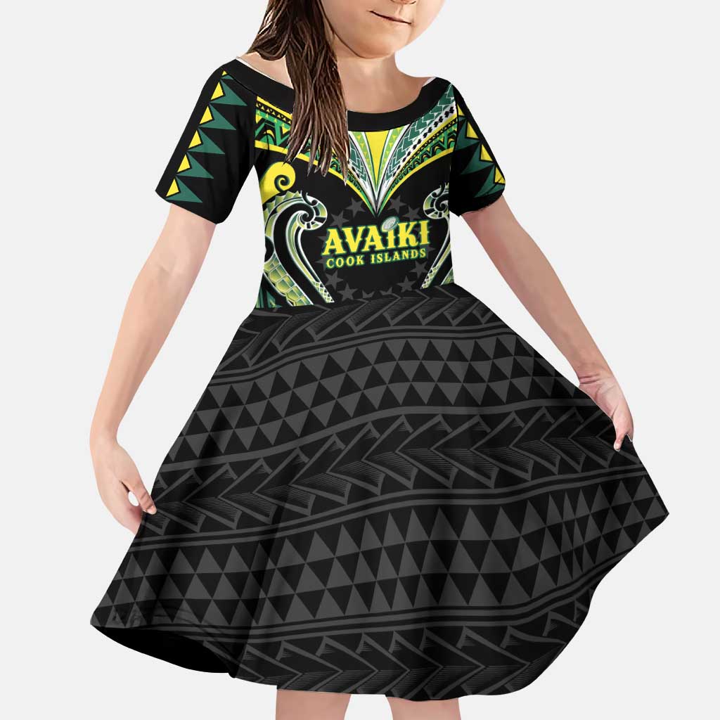 Custom Rugby Cook Islands Avaiki Family Matching Off Shoulder Short Dress and Hawaiian Shirt Black Kuki Airani Tribal Maori Inspired LT9 Daughter's Dress Black - Polynesian Pride
