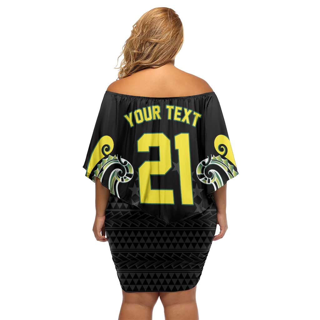 Custom Rugby Cook Islands Avaiki Family Matching Off Shoulder Short Dress and Hawaiian Shirt Black Kuki Airani Tribal Maori Inspired LT9 - Polynesian Pride