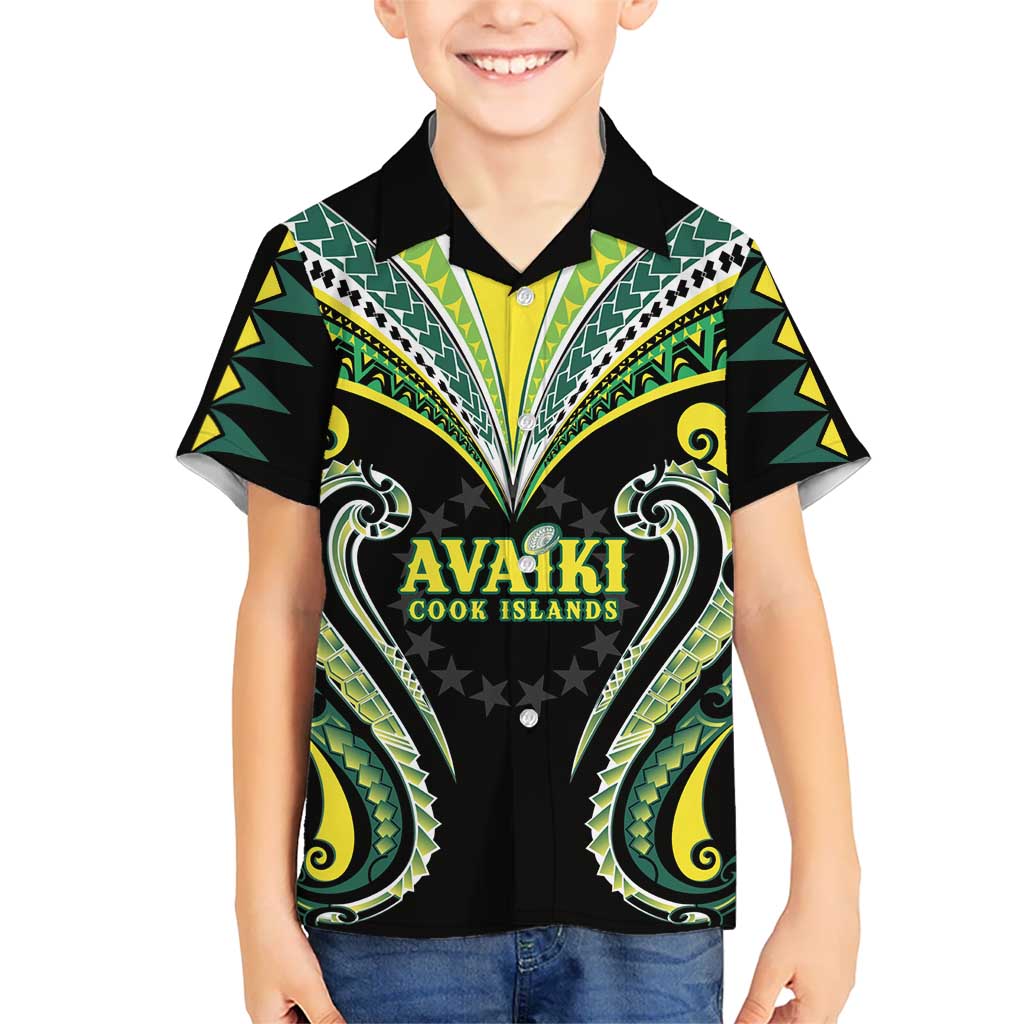 Custom Rugby Cook Islands Avaiki Family Matching Off Shoulder Short Dress and Hawaiian Shirt Black Kuki Airani Tribal Maori Inspired LT9 Son's Shirt Black - Polynesian Pride